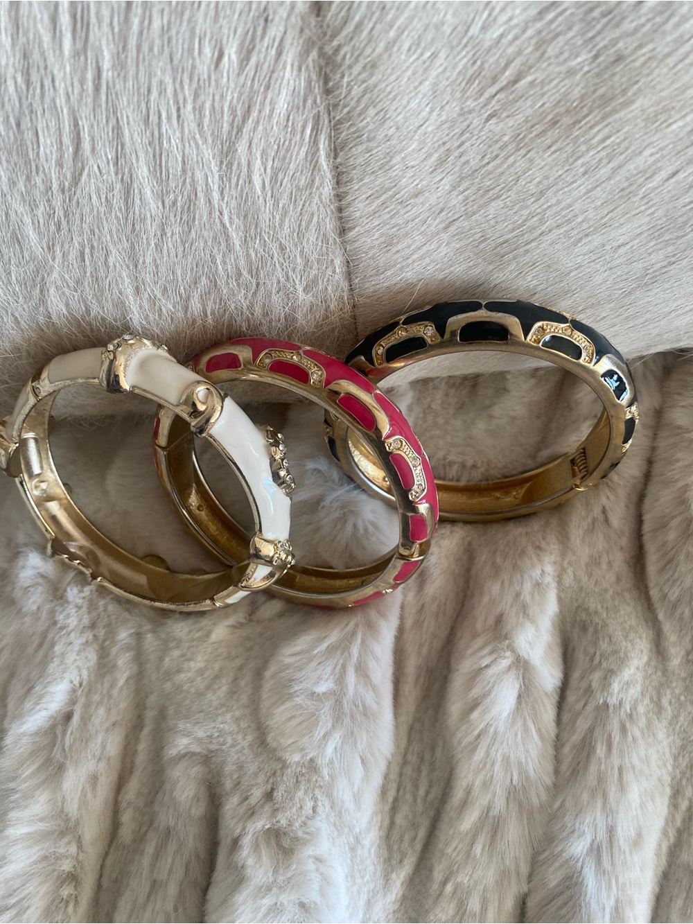 Gold-Tone Bangle Bracelet Set with White, Pink, and Black Enamel
